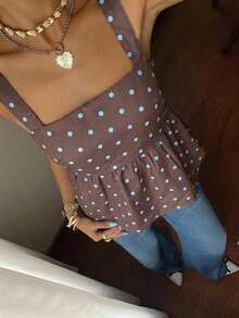 Camiseta sin mangas con volantes y estampado de lunares para vacaciones - Multicolor - Ver 5