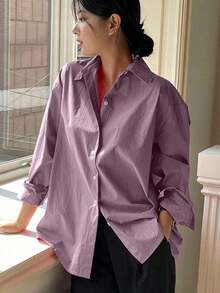 Camisa holgada de mujer de unicolor, de manga larga y de abotonadura sencilla - Morado - Ver 6