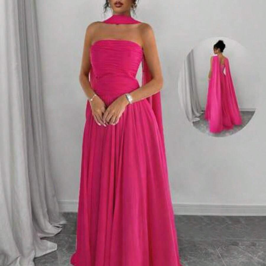 1pc Women Solid Color Halter Dress With Pleated Detail, Elegant Sleeveless Long Dress Maxi Women Outfit - Rosa - Ver 1