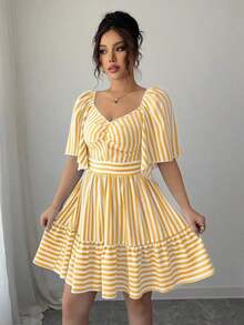 Elenzya Vestido de primavera y verano de talla media con rayas azules y blancas, manga corta, elegante y casual, con cintura ajustada para mujeres - Multicolor - Ver 3