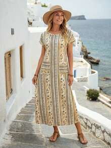 Vestido casual de mujer con estampado floral y manga corta, ideal para vacaciones de verano - Multicolor 3 - Ver 6