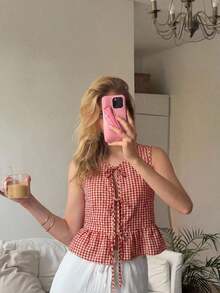 Blusa de rayas y estampado sin mangas para uso diario sencilla, tops sin mangas - Rojo 2 - Ver 6