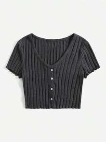 Top tejido de canalé con botón delantero de borde en forma de lechuga - Gris Oscuro - Ver 3
