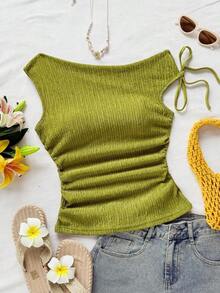 Blusa de punto con textura de burbujas de color albaricoque, cuello asimétrico con lazo en la cintura, ajuste ceñido, adecuada para fiesta, cita, paseo por la ciudad, viaje por carretera, playa de verano - Verde Oliva - Ver 1