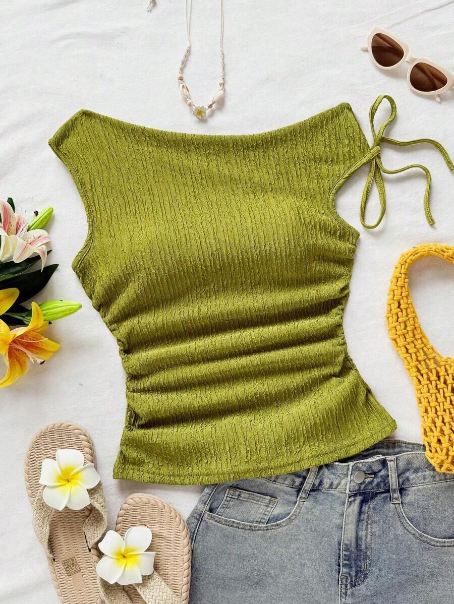 Blusa de punto con textura de burbujas de color albaricoque, cuello asimétrico con lazo en la cintura, ajuste ceñido, adecuada para fiesta, cita, paseo por la ciudad, viaje por carretera, playa de verano - Verde Oliva - Ver 1