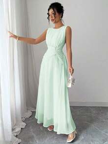 Vestido maxi casual, romántico, vintage y elegante de gasa para mujer con cordón en la cintura, para la playa, el té de la tarde, fiestas de noche, uso diario, sin mangas, de unicolor, vestido largo, primavera/verano - verde menta - Ver 4