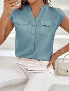 Camisa casual de mujer de unicolor con cuello en V, abotonadura sencilla y bolsillo - Niebla azul - Ver 7