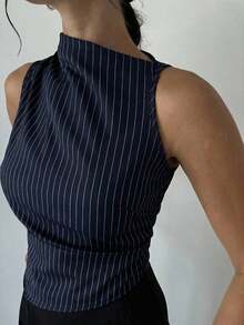 Camisa de satén con cuello plisado, sin mangas, elegante y sencilla, con dobladillo entallado, para oficina, en color beige - Azul marino - Ver 7