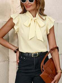 Blusa con lazo elegante para mujer, versátil para el trabajo y el uso casual, verano - Amarillo - Ver 7