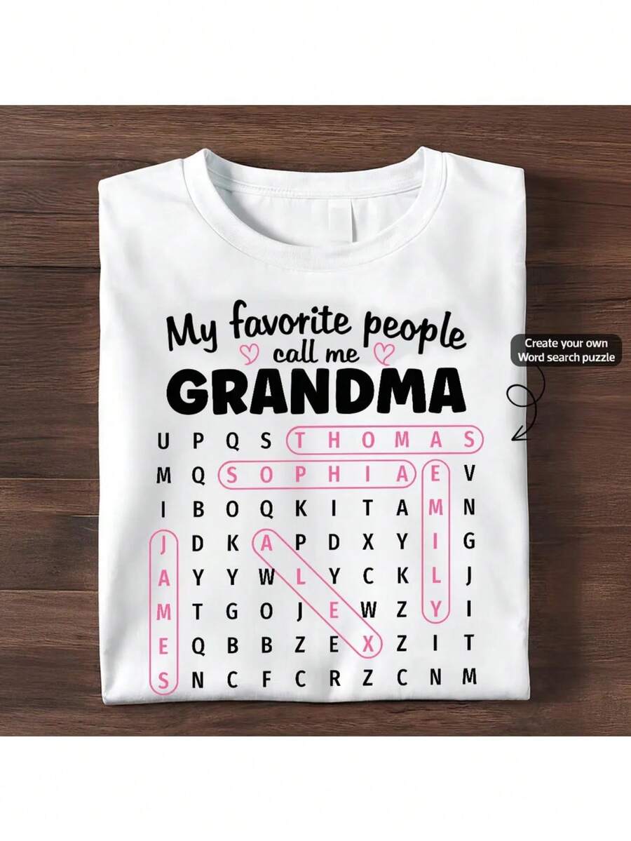 Camiseta Personalizada con el Rompecabezas de Búsqueda del Alfabeto de la Persona Favorita de la Abuela |   Patrón Geométrico Retro de Verano, Manga Larga de Alta Elasticidad, Largo Regular - Regalo para el Día de la Madre para Abuela y Mamá - Transpirable y Amigable con la Piel