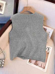 1 pieza Chaleco de punto de mujer minimalista de unicolor con botón de metal suave, parte superior casual versátil, suéter de moda de cuello redondo - Gris - Ver 2