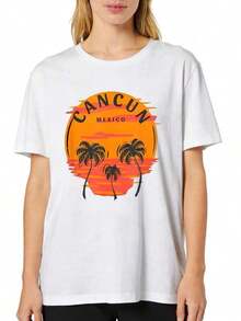Plus Size Women's T-Shirts - Casual Loose-Fitting Short-Sleeved T-Shirts, Vacation Print With Skeleton, Palm Tree And Mexican Sunset, Gift For Friends And Family. Popular Prints, Comfortable To Wear. - 白色 - 查看 1
