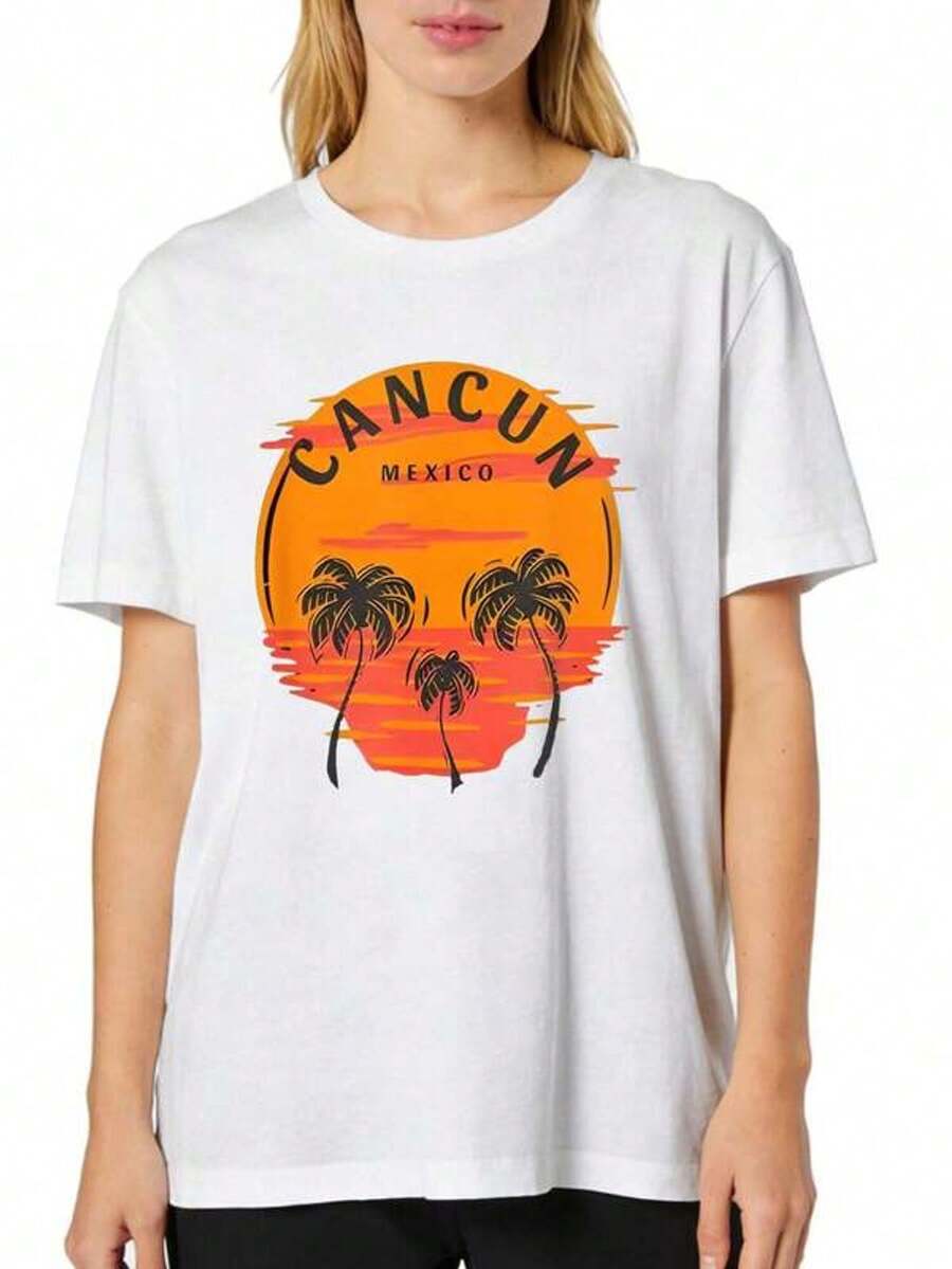 Plus Size Women's T-Shirts - Casual Loose-Fitting Short-Sleeved T-Shirts, Vacation Print With Skeleton, Palm Tree And Mexican Sunset, Gift For Friends And Family. Popular Prints, Comfortable To Wear. - 白色 - 查看 1