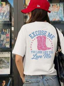 Camiseta vintage 100% para mujer, estilo punk suave y holgado, hecha de tela 100% algodón suave, estampada con el eslogan "EXCUSE ME YOU LOOK LIKE YOU LOVE ME" en rojo, llamativa y versátil, camiseta de manga corta estilo punk occidental americano, adecuada para salidas de fin de semana, fiestas temáticas de mezclilla y reuniones con amigos, ropa casual de verano para mujer, conjuntos de regalo para el Día de la Madre, ropa para la Copa del Mundo, ropa para fiestas de fútbol, ropa para días de juego, camiseta unisex de fútbol de EE. UU. de talla grande, ropa de verano para mujer. Moda - Blanco - Ver 5