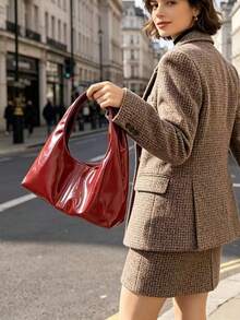Women's Fashion Solid Color PU Leather Handbag, Versatile For Party, Street, Travel - Red - View 3