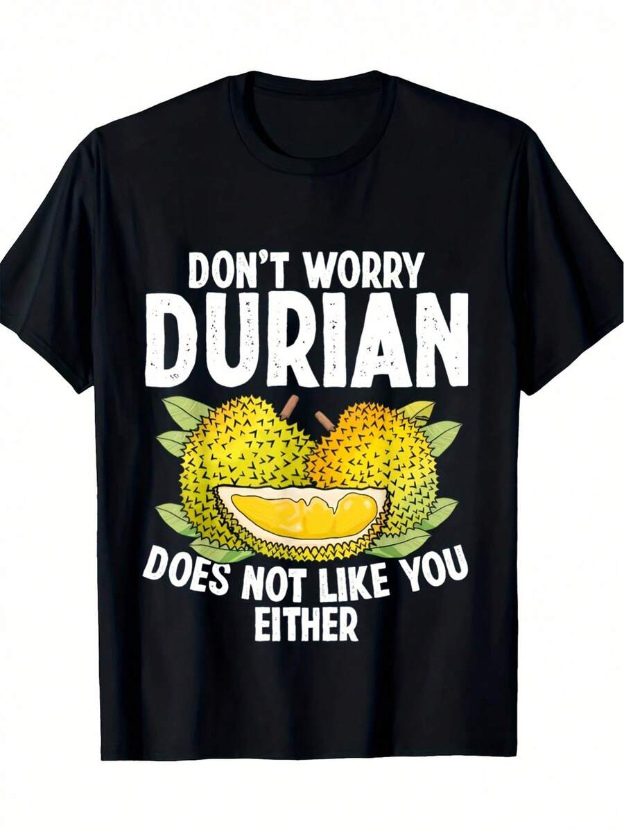 Camiseta Casual Negra de Manga Corta para Hombre con Diseño Gráfico Humorístico y de Fruta Tropical "No te preocupes, al Durian tampoco te gustas" - Impresión Duradera, Lavable a Máquina, Corte Regular, Cuello Redondo, para Amantes del Durian, Ropa de Uso Diario, Diseño Divertido, Material No Transparente - Negro - Ver 1