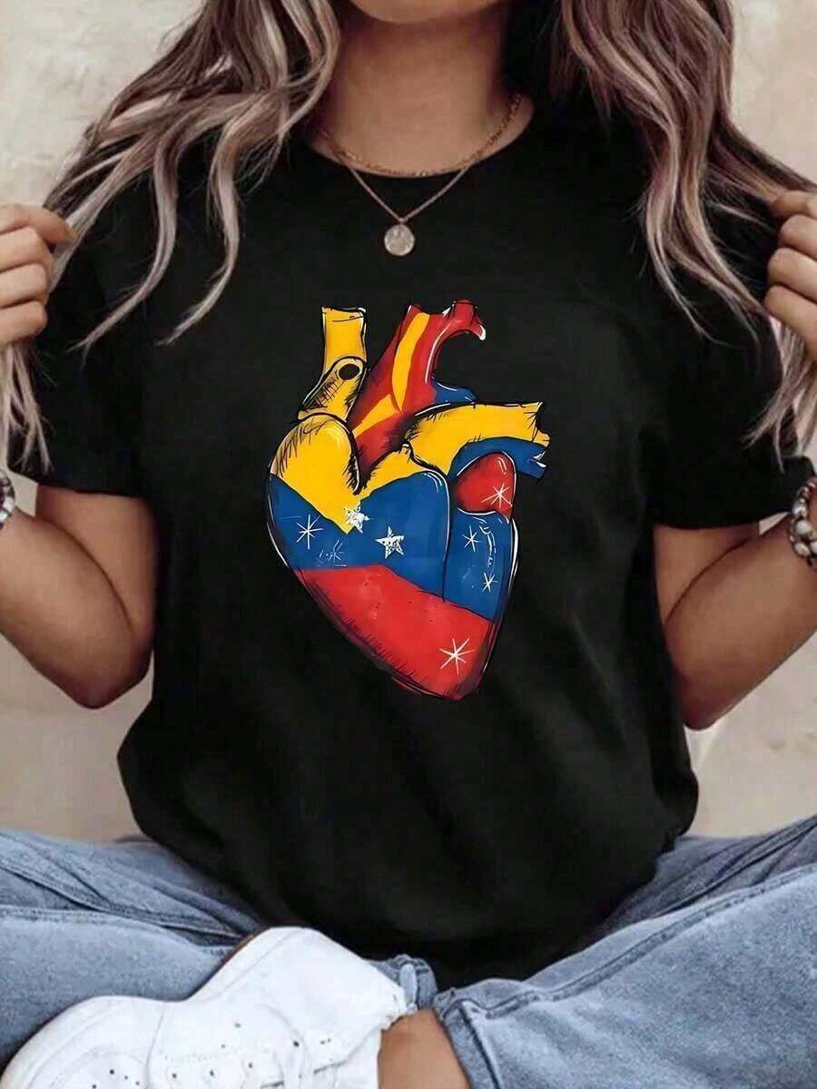 1 pieza Camiseta de talla grande para mujeres VenezuelaS con estampado gráfico, manga corta, cuello redondo, de algodón, lavable a máquina, 180g, 100% algodón suave - Negro - Ver 1