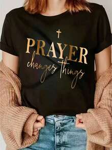 Limited Edition T-Shirt With Prayer Symbol, Gold Metallic Cursive Style, Summer Clothing, Elegant Spiritual Religious T-Shirt, Casual Cotton Crew Neck T-Shirt, Christian Faith, Easter, St. Patrick's Day, Spiritual Motivation Top, Comfortable And Versatile, Lightweight Cotton For Summer - 黑色 - 查看 12