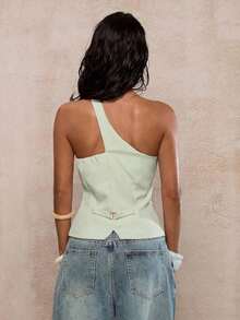 Blazer informal sin mangas de color albaricoque para mujer, conjunto de verano versátil - Verde - Ver 2