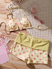 Women's Retro Polka Dot High-Waisted Bikini Set, Purple & Pink Swimwear, Suitable For Music Festivals, Swimming Pools, Parties, Summer Beach Vacation - Light Yellow - View 7