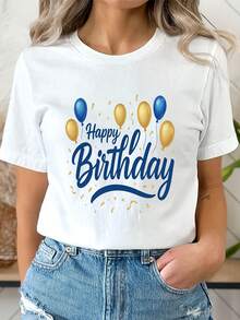 Camiseta de algodón puro con estampado para mujer, camiseta de manga corta para celebraciones de cumpleaños, con un diseño alegre que presenta globos coloridos y la impresión "Feliz Cumpleaños", cuello redondo, adecuada para primavera y verano, salidas informales, regalos de cumpleaños, reuniones de amigos, fiestas de música y ropa de vacaciones. - Blanco - Ver 7
