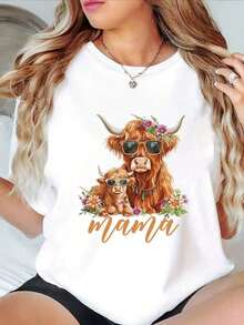 1 pieza [Camiseta Geométrica para Mujer] Camiseta para el Día de la Madre - Estampado Geométrico, Cuello Redondo Casual, Manga Corta, Lavable a Máquina, Perfecta para el Verano, 100% Algodón - Blanco - Ver 6