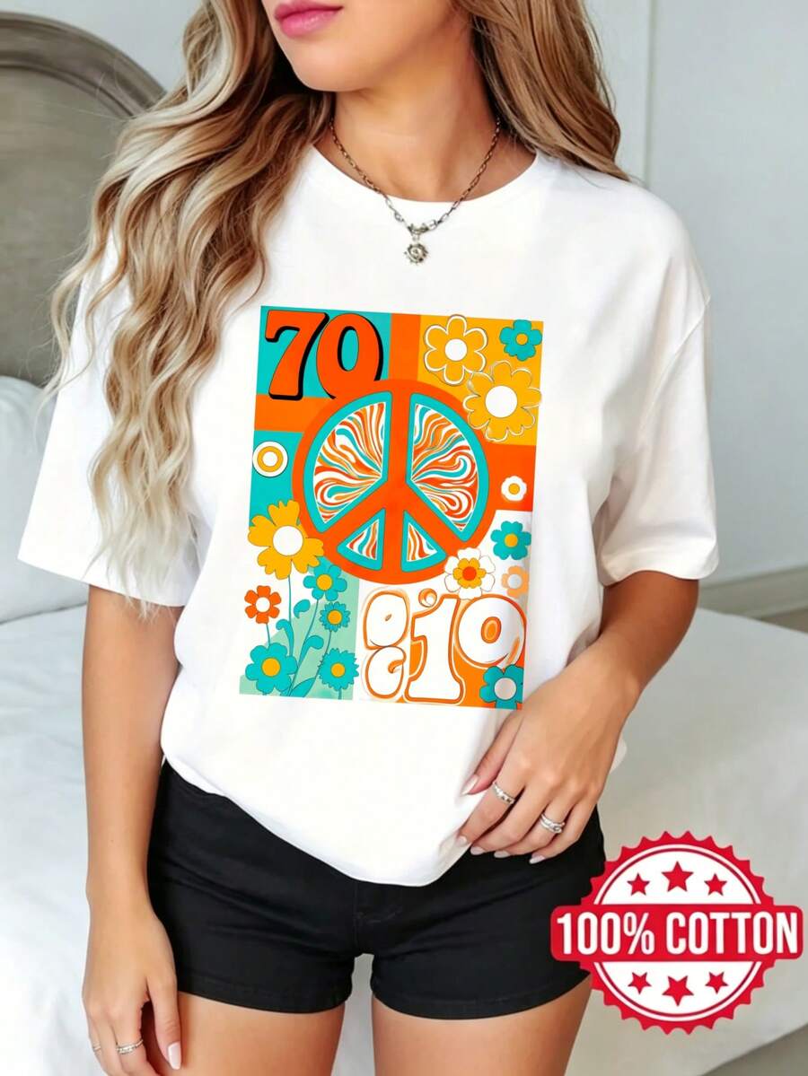 Camiseta de manga corta con cuello redondo y estampado para dama, verano, estilo casual Señal de paz Flores Números Colorido S-3XL 100% aodón material