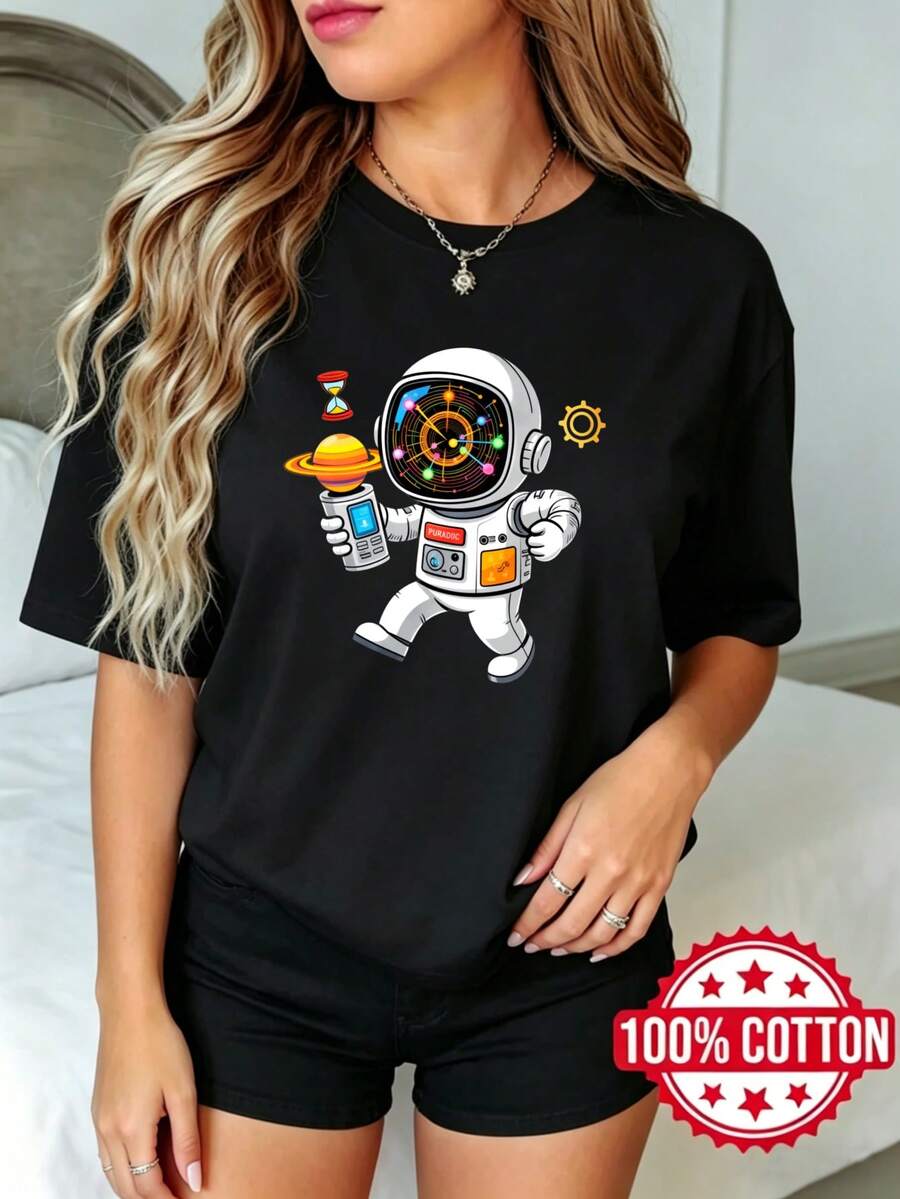 Camiseta negra de manga corta con cuello redondo y estampado para mujer de verano casual Astronauta Sosteniendo un Planeta y un Reloj S-3XL moda 100% aodón