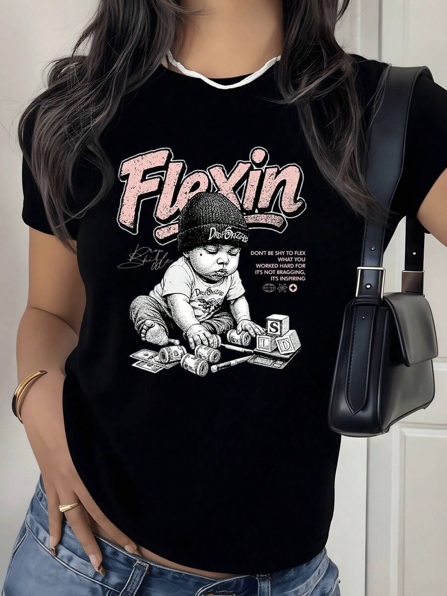 Niño pequeño con gorro y juguetes de dinero que representan esfuerzo constancia y superación personal camiseta de mujer casual moderna cómoda para uso diario - Negro - Ver 1
