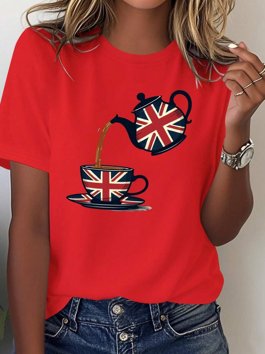 Camiseta de Mujer con Estampado de Té Británico - Diseño de Tetera y Taza Union Jack - Camiseta Casual Suave para Uso Diario - Lavable a Máquina para Todas las Temporadas - Ropa con Bandera Británica, adecuada para uso diario y eventos temáticos, estilo patriótico, estampado divertido, tela cómoda, imprescindible para los entusiastas del estilo británico, material transpirable. - Rojo - Ver 1
