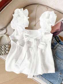 Frenchy Camiseta de tirantes de mujer con volantes de unicolor y parches, con detalle de nudo en la espalda - Blanco - Ver 1