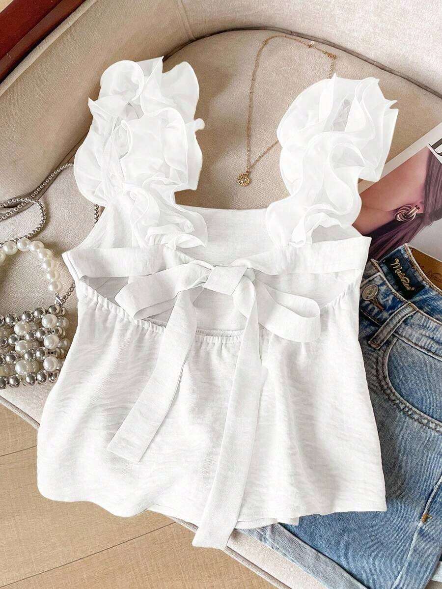 Frenchy Camiseta de tirantes de mujer con volantes de unicolor y parches, con detalle de nudo en la espalda - Blanco - Ver 1