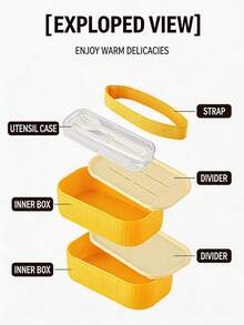 niceforyou 650ml Double-Layer Microwave Bento Box With Lid, PP Material, Macaron Cream Style, Yellow & White Color, With Shoulder Strap And Built-In Utensils, Transparent Window, Leak-Proof And Easy To Clean, Suitable For Office, Student Meal Prep And Outdoor Picnic - Multicolor - View 9