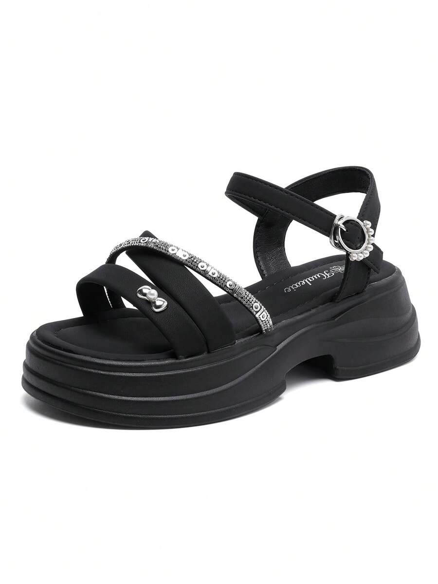 Summer New Black Crystal Wedge Sandals, Soft Sole Comfortable Platform Shoes, Versatile Daily Wear Roman Sandals - Black - View 1