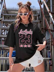 Compra con plazo limitado Camisetas básicas para mujer Nuevos productos de la temporada Camiseta gráfica de punto negra de manga corta con cuello redondo y hombros caídos para mujer casual con estampado Los Angeles 23 Camisetas divertidas Camisetas con estampado minimalista Promoción de nuevo lanzamiento Camisetas con letras para mujer Camiseta divertida FPTB - Negro - Ver 10