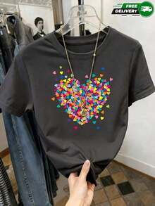 2026 New Cotton-shirtCamiseta de manga corta para mujer, adecuada para uso diario, salidas casuales, vacaciones y fines de semana, con estampado de corazón formado por muchos coraz - Gris Oscuro - Ver 9