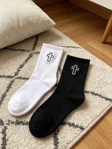 10 đôi tất dài đến bắp chân in họa tiết chữ thập, chất liệu cotton mềm mại, thoáng khí, kiểu dáng thời trang thường ngày dành cho nam và nữ. - Nhiều màu - Xem 20