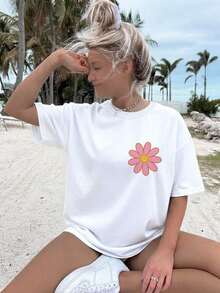 Camiseta Casual Premium para Mujer "Mommy And Me" [Estampado de Doble Cara] Top de Moda para Mujer, Ropa de Verano para Damas, Estilo Lindo con Estampado Floral de Corazón "ES TU AMOR", Cuello Redondo, Manga Corta, Uso Diario, Regalo para el Día de la Madre, Ecológica - Blanco - Ver 3