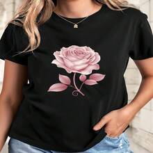 Women's Sexy Casual Elegant Cotton Rose Print Short Sleeve Regular T-Shirt Round Neck High Stretch - 黑色 - 查看 1