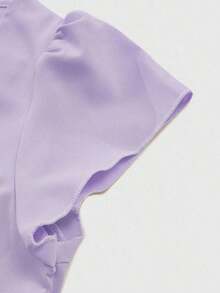 Conjunto informal de mujer con blusa de cuello en V plisada y pantalones de pierna ancha de unicolor - Morado - Ver 4