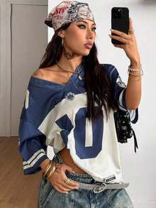 Camiseta suelta de malla transpirable con gráficos, para uso casual y salir, estilo urbano de verano para mujer - Azul y blanco - Ver 8