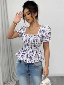 Blusa de mujer con estampado floral diminuto, mangas abullonadas y dobladillo con volantes - Púrpura malva - Ver 3