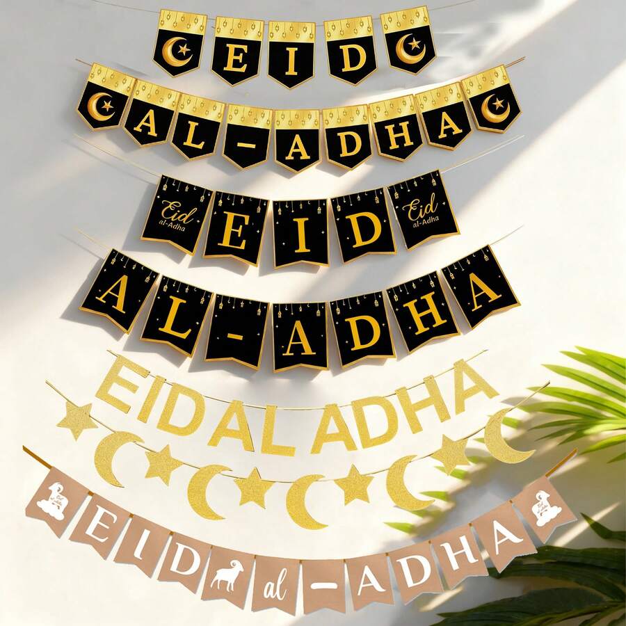2sets/1set Eid Al-Adha Party Banner Set, Black & Gold Glitter Moon, Star And Sheep Decor Bunting Suitable For Eid Al-Adha Festival And Holiday Decoration - Multicolor - View 1