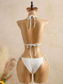 Bellisia Top de bikini de mujer de punto texturizado marrón con cuentas y piedras - Blanco - Ver 2
