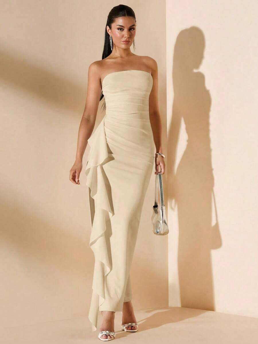 Vestido de dama de honor de boda de verano, vestido largo blanco con pliegues, abertura alta, volantes y tiras para fiesta, sin mangas y sin tirantes, sexy - Albaricoque - Ver 1