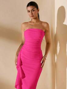 Vestido de dama de honor de boda de verano, vestido largo blanco con pliegues, abertura alta, volantes y tiras para fiesta, sin mangas y sin tirantes, sexy - Rosa Fucsia - Ver 5