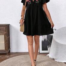 Holidaya Women V-Neck Short Sleeve Pleated Simple Casual Short Embroidered Doll Dress - Negro - Ver 7