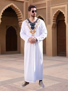 1pc White V-Neck Printed Men's Traditional Arabic Robe, Arabian Traditional, Saudi Men's Robe, Saudi Men's Pajamas, Moroccan Men's Robe - White - View 10