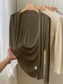 Chaqueta ligera de mujer de unicolor, de manga larga y con abertura frontal casual - Marrón - Ver 7