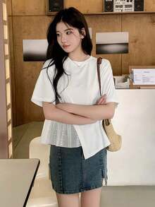 Camiseta casual de mujer para el verano con cuello redondo, manga corta, ajuste holgado y dobladillo con volantes y un solo unicolor - Blanco 2 - Ver 3